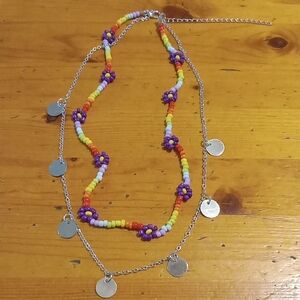 Vibrant Multicolor Beaded Necklace with Silver Discs W/ Pierced Earrings Discs.